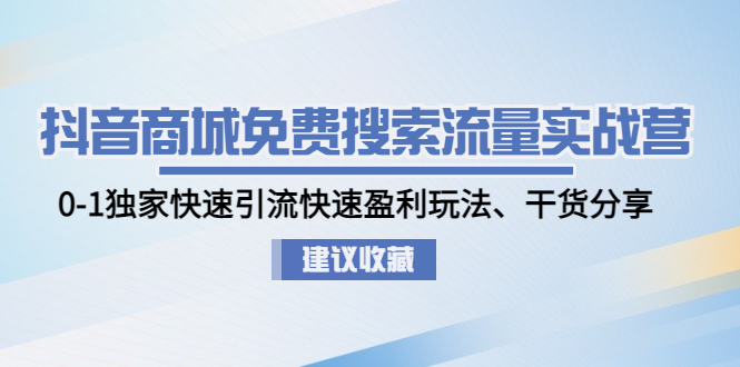 抖音商城免费搜索流量实战营：0-1独家快速引流快速盈利玩法、干货分享-云网创资源站