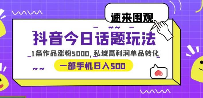 抖音今日话题玩法，1条作品涨粉5000，私域高利润单品转化一部手机日入500【揭秘】-云网创资源站