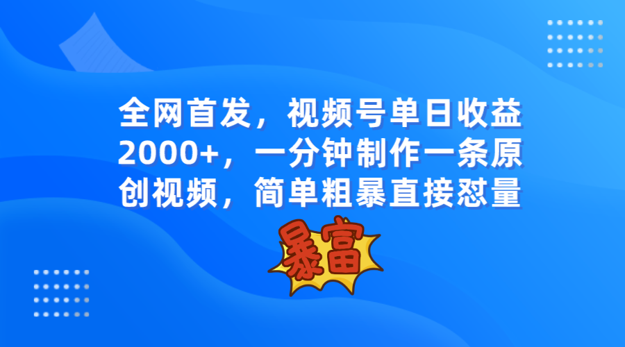 全网首发，视频号单日收益2000+，一分钟制作一条原创视频，简单粗暴-云网创资源站