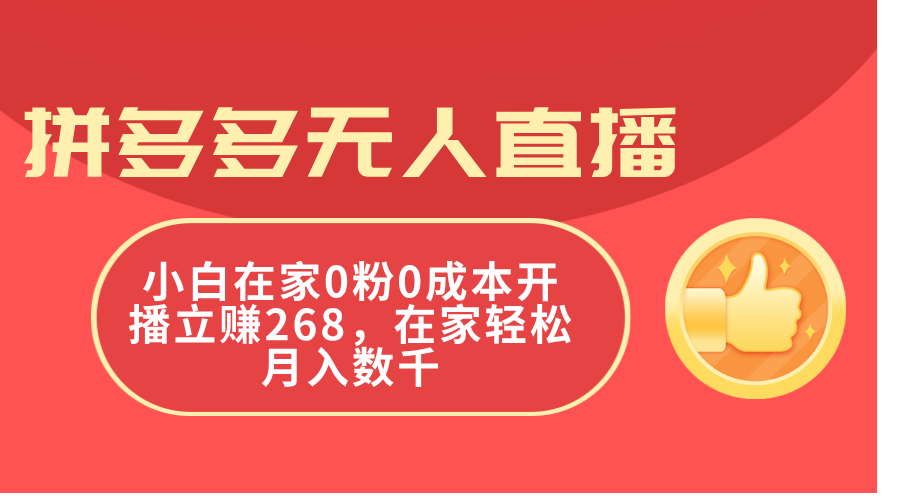 拼多多平台无人直播，新手在家里0粉0成本费播出立赚268，在家里轻轻松松月入千余-云网创资源站