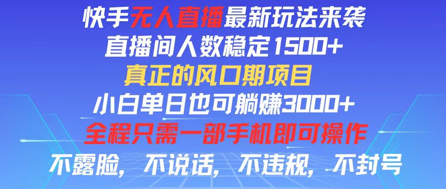 快手无人直播全新玩法，直播间人数稳定1500+，小白单日也可躺赚3000+，…-云网创资源站