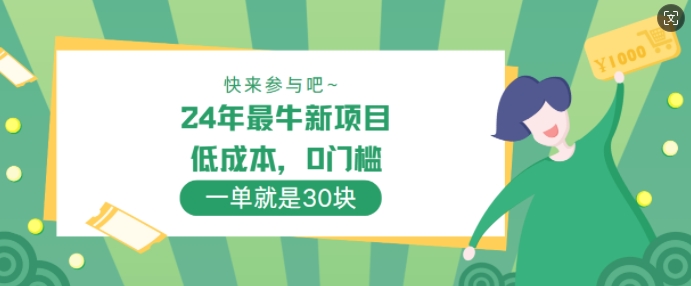 24年最牛新项目，低成本，0门槛 ，一单就是30块，轻松月入1w-云网创资源站