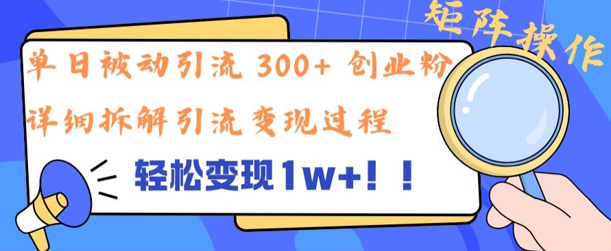 单日被动引流 300+ 创业粉，轻松变现1w+，矩阵操作详细拆解引流变现过程-云网创资源站