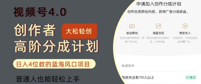 微信视频号4.0原创者高级分为方案，日入四位数的蓝海项目，平常人也可以快速上手-云网创资源站