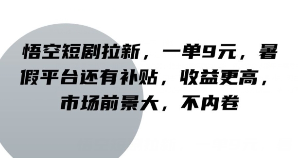 孙悟空短剧剧本引流，一单9元，暑期服务平台也有补助，收益更高，行业前景大，不竞争-云网创资源站