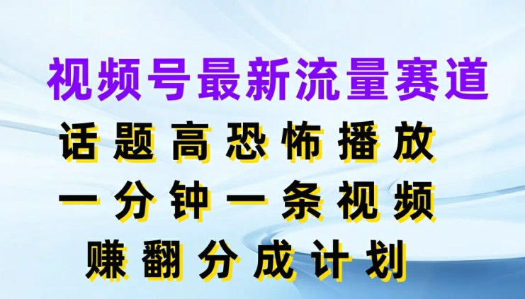 视频号最新流量赛道，话题高恐怖播放，一分钟一天视频，赚翻分成计划-云网创资源站