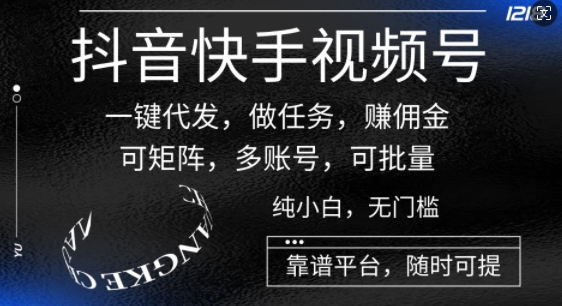 抖音和快手微信视频号一键代发货，接任务，手机赚钱，可引流矩阵，多账号，可大批量-云网创资源站